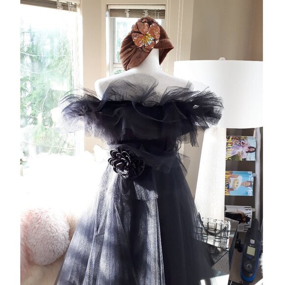 NWOT Imperial Maska Mode black tulle organza tiered ruffle long holiday dress, M - Picture 2 of 14